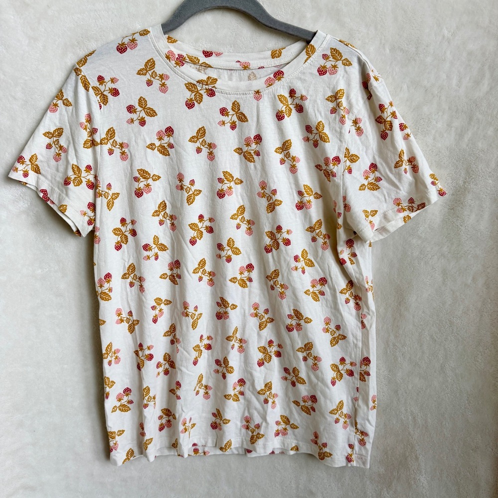Dip Womens Cream Allover Strawberry Print Crew Neck Short Sleeve T Shirt Sz L